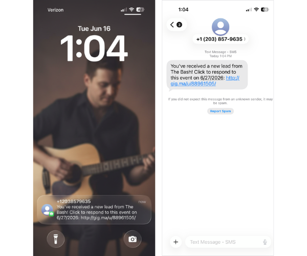 Example of Lead Text Alert to Vendors