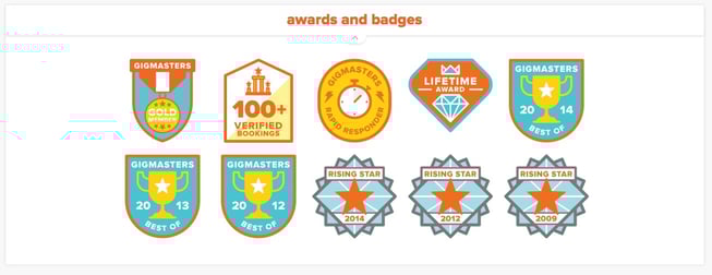 GigMasters profile - Awards and Badges section GigMasters profile - Awards and Badges section